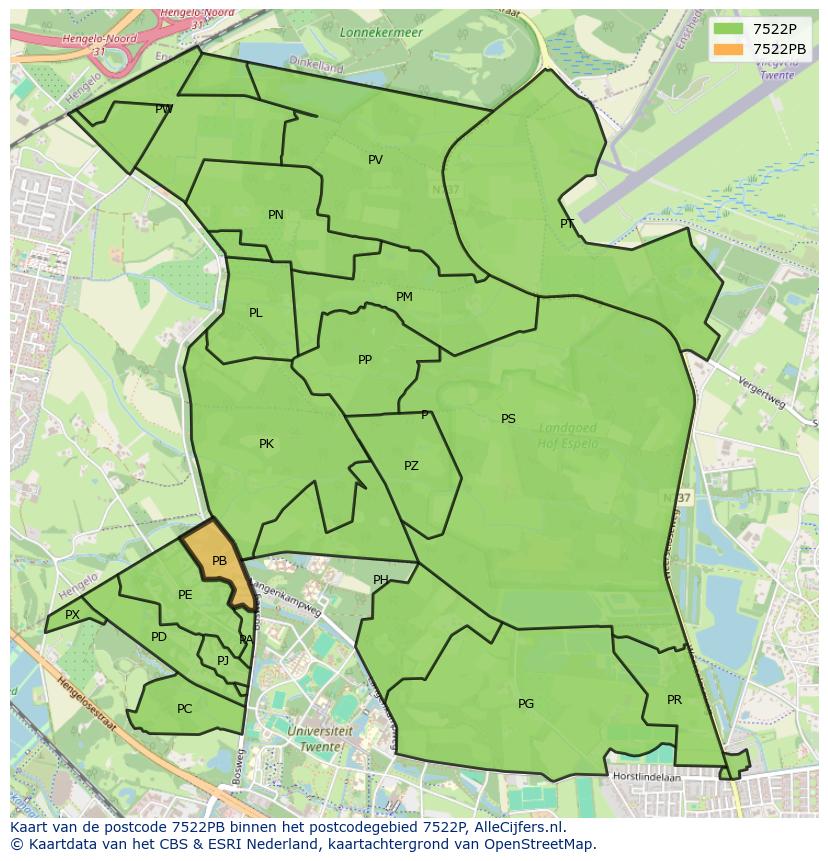 Afbeelding van het postcodegebied 7522 PB op de kaart.