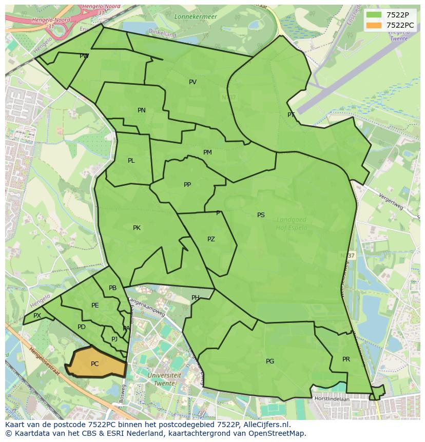 Afbeelding van het postcodegebied 7522 PC op de kaart.