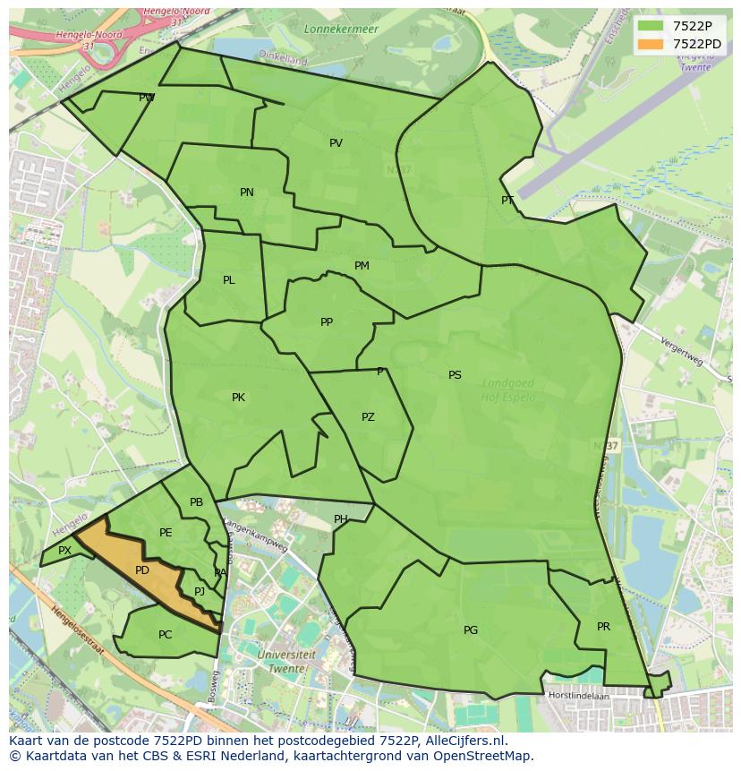 Afbeelding van het postcodegebied 7522 PD op de kaart.