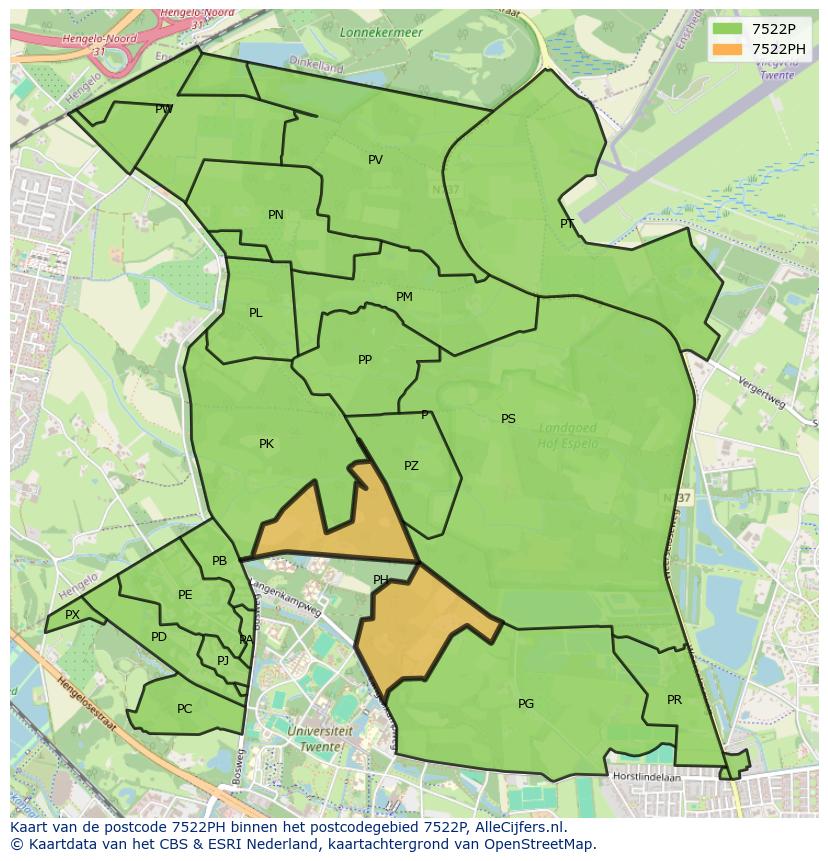 Afbeelding van het postcodegebied 7522 PH op de kaart.
