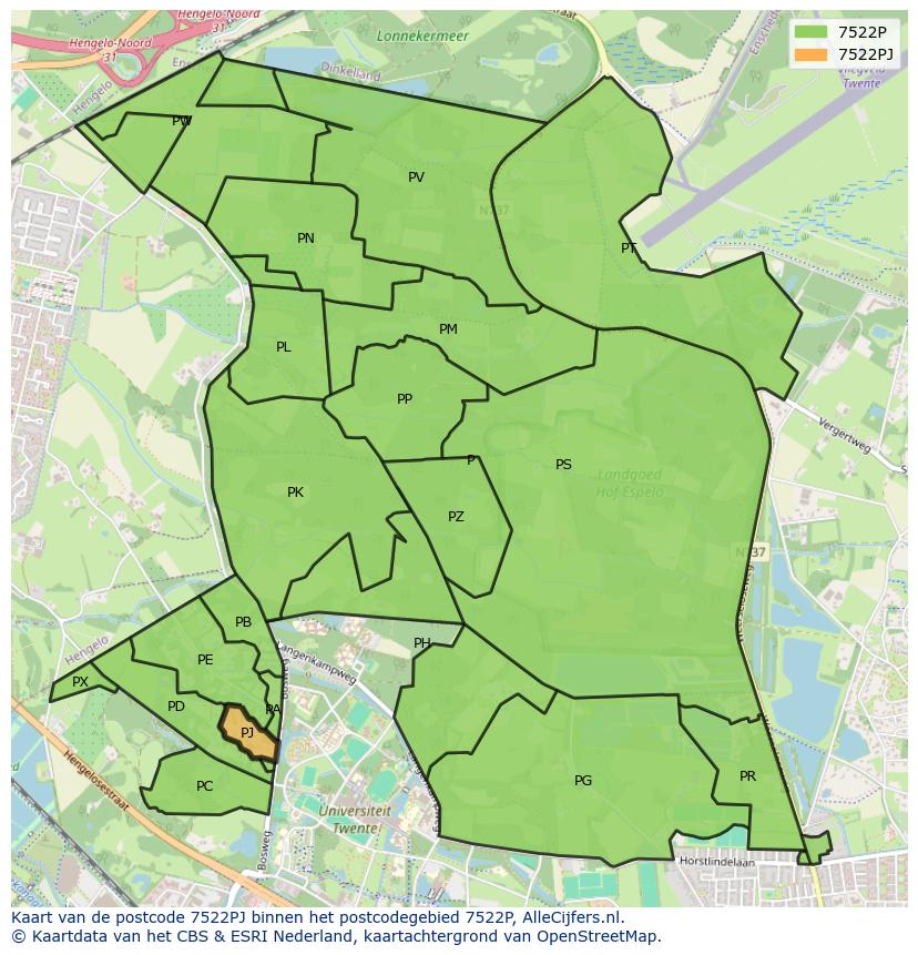 Afbeelding van het postcodegebied 7522 PJ op de kaart.