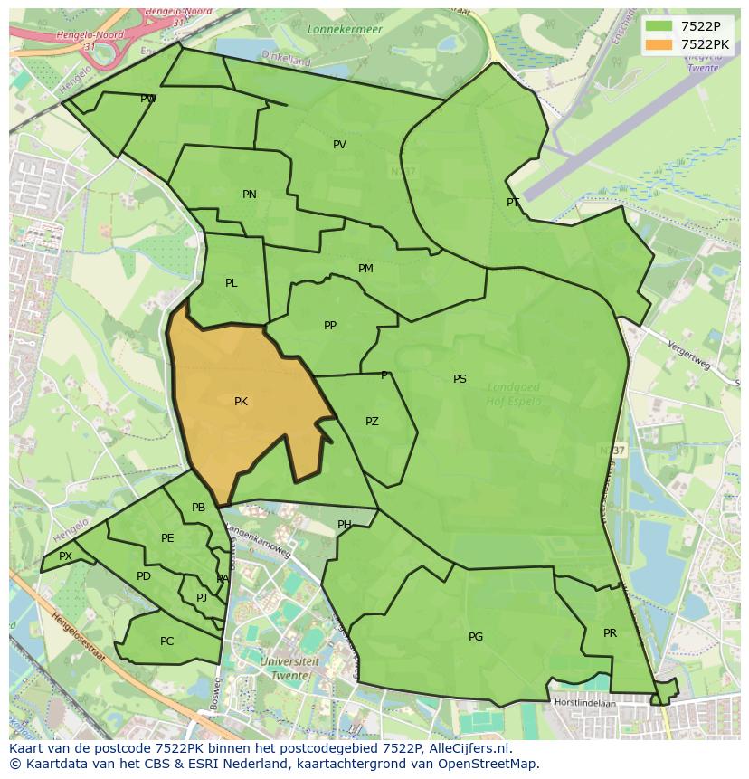 Afbeelding van het postcodegebied 7522 PK op de kaart.
