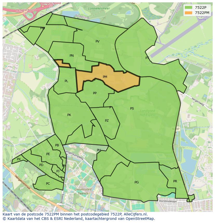 Afbeelding van het postcodegebied 7522 PM op de kaart.