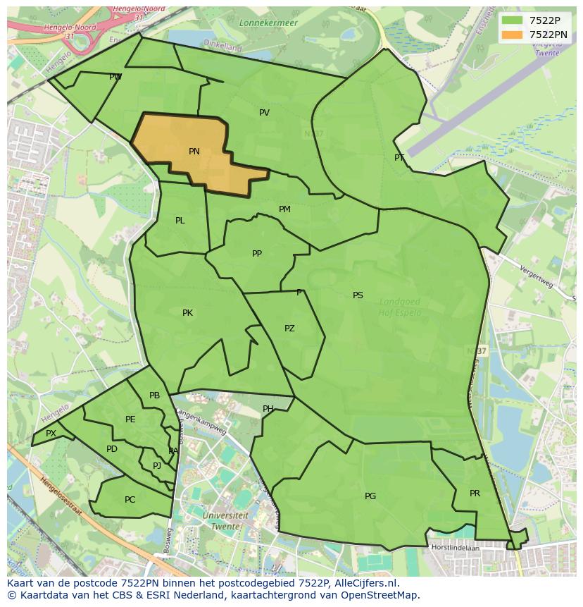 Afbeelding van het postcodegebied 7522 PN op de kaart.