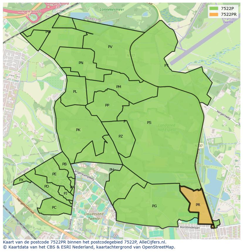 Afbeelding van het postcodegebied 7522 PR op de kaart.