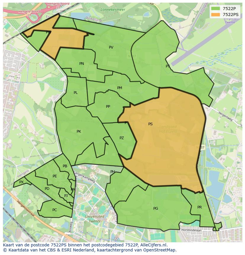 Afbeelding van het postcodegebied 7522 PS op de kaart.
