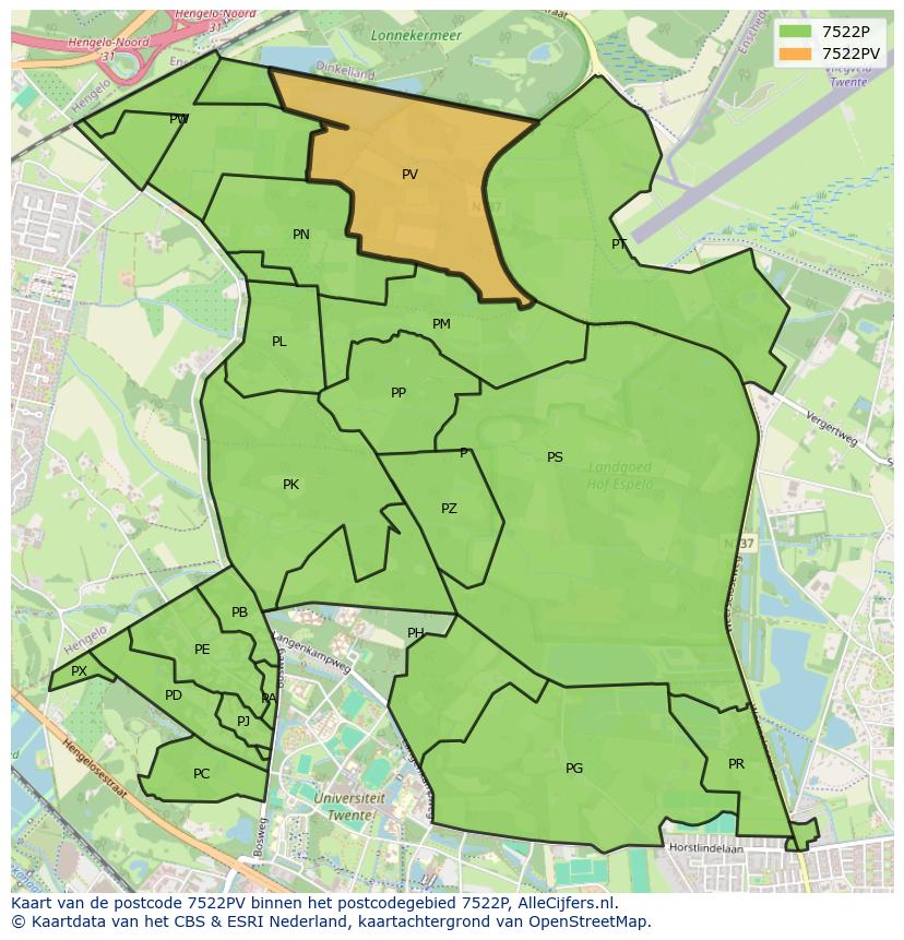 Afbeelding van het postcodegebied 7522 PV op de kaart.