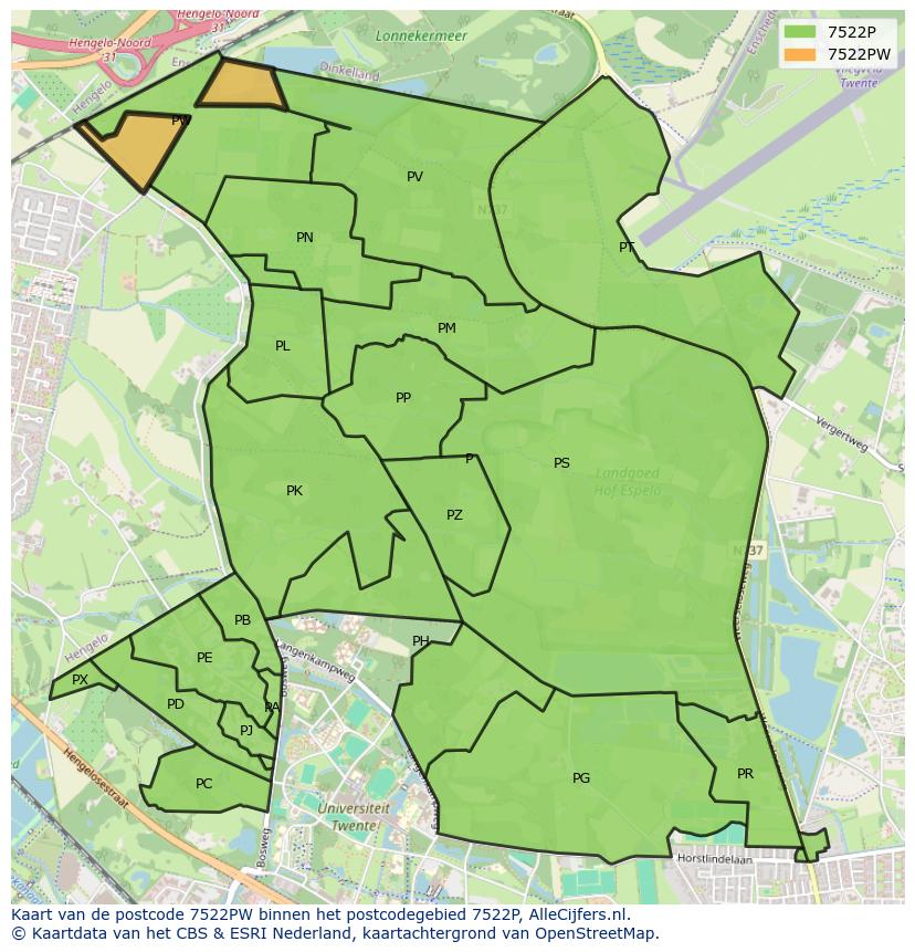 Afbeelding van het postcodegebied 7522 PW op de kaart.