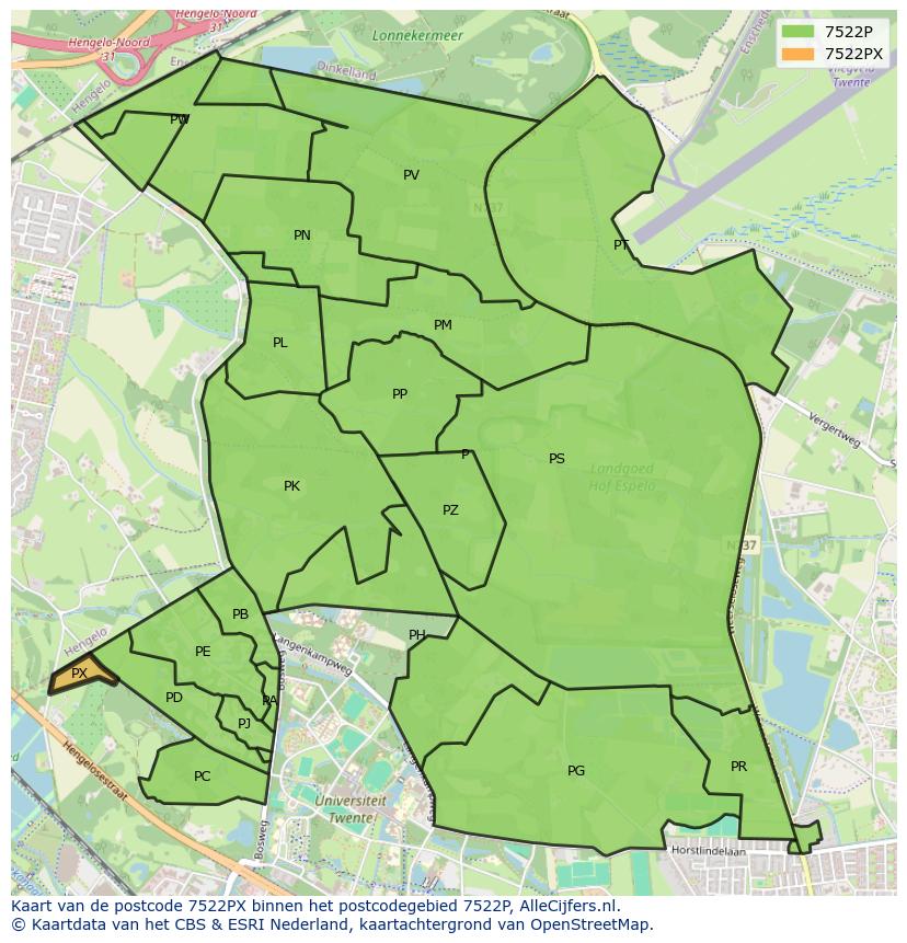 Afbeelding van het postcodegebied 7522 PX op de kaart.