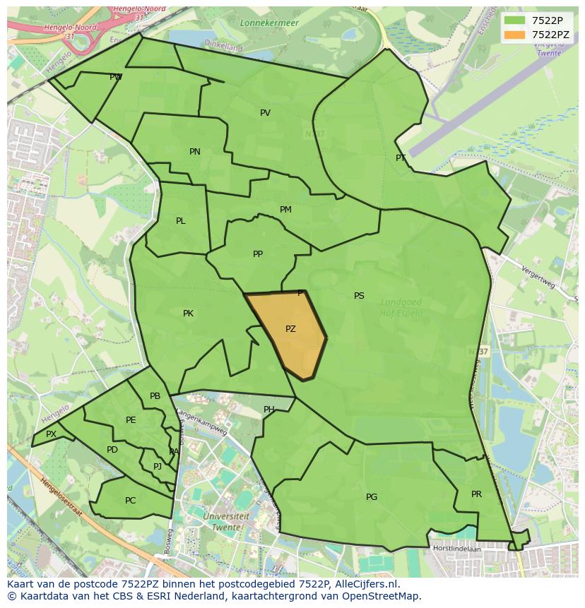 Afbeelding van het postcodegebied 7522 PZ op de kaart.