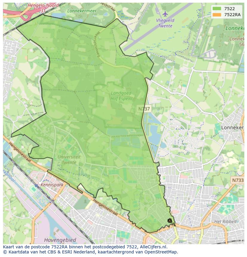 Afbeelding van het postcodegebied 7522 RA op de kaart.