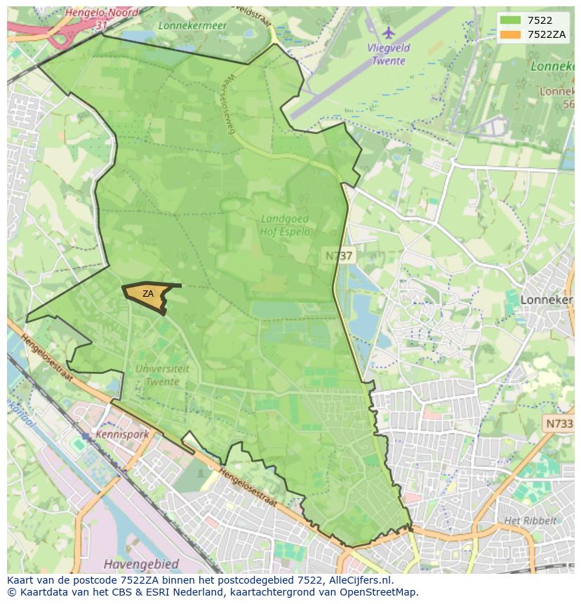 Afbeelding van het postcodegebied 7522 ZA op de kaart.
