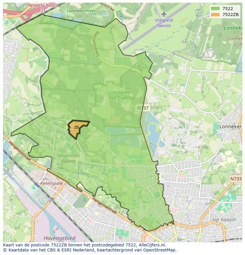 Afbeelding van het postcodegebied 7522 ZB op de kaart.