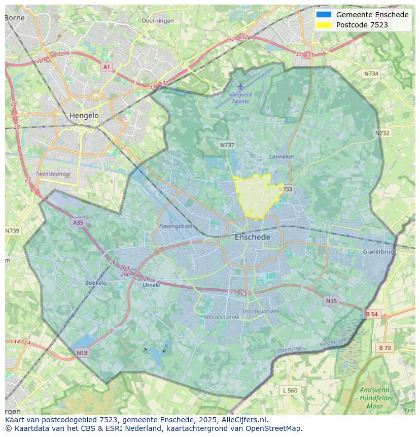 Afbeelding van het postcodegebied 7523 op de kaart.