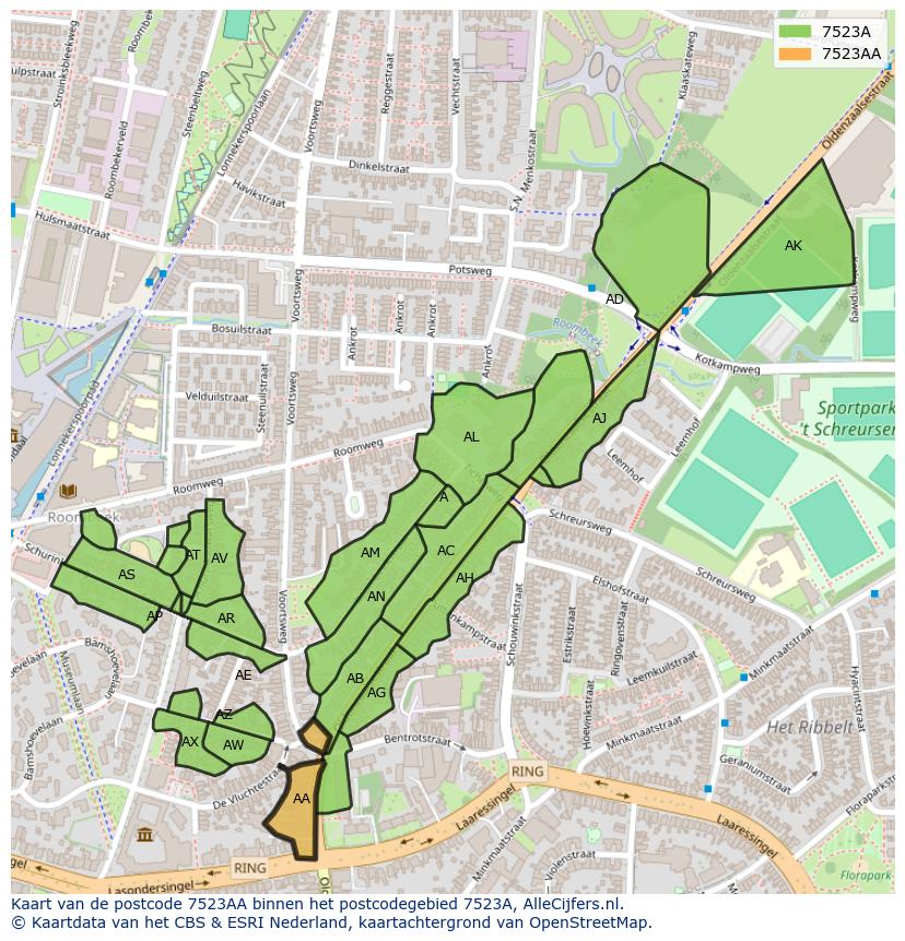 Afbeelding van het postcodegebied 7523 AA op de kaart.