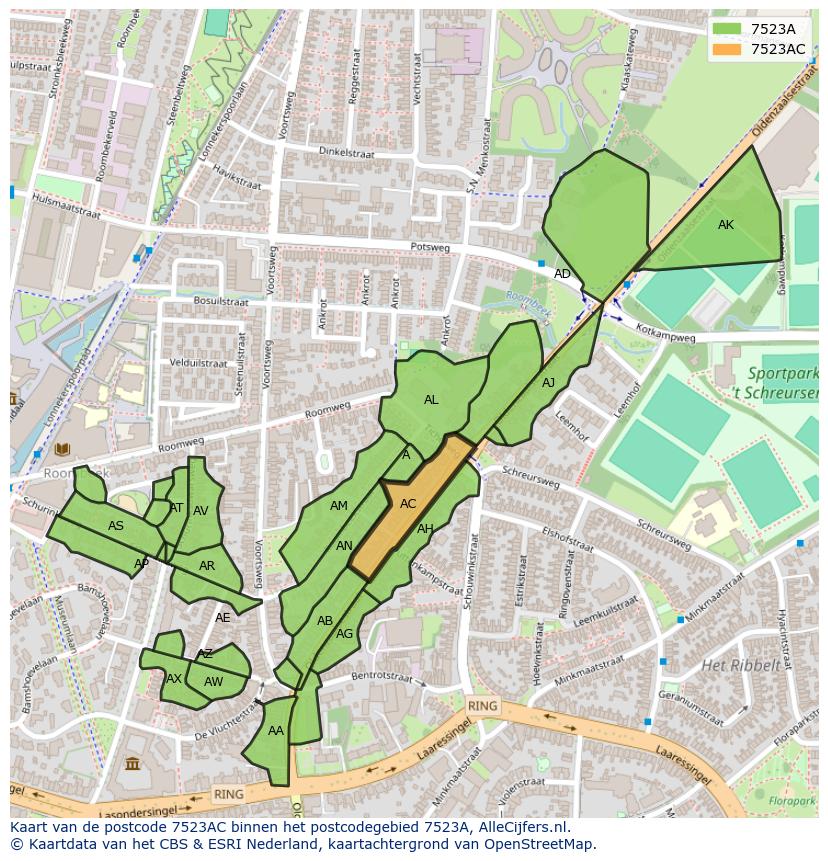 Afbeelding van het postcodegebied 7523 AC op de kaart.