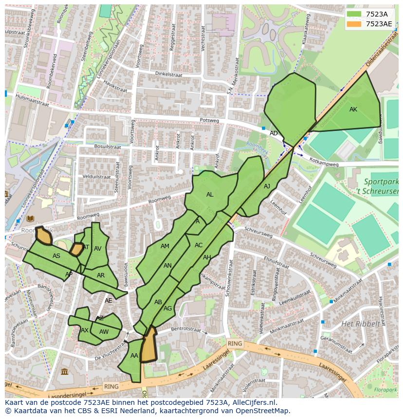 Afbeelding van het postcodegebied 7523 AE op de kaart.