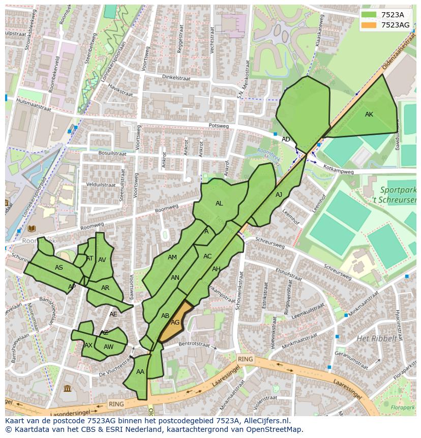 Afbeelding van het postcodegebied 7523 AG op de kaart.