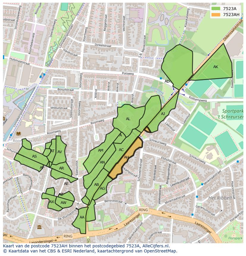 Afbeelding van het postcodegebied 7523 AH op de kaart.