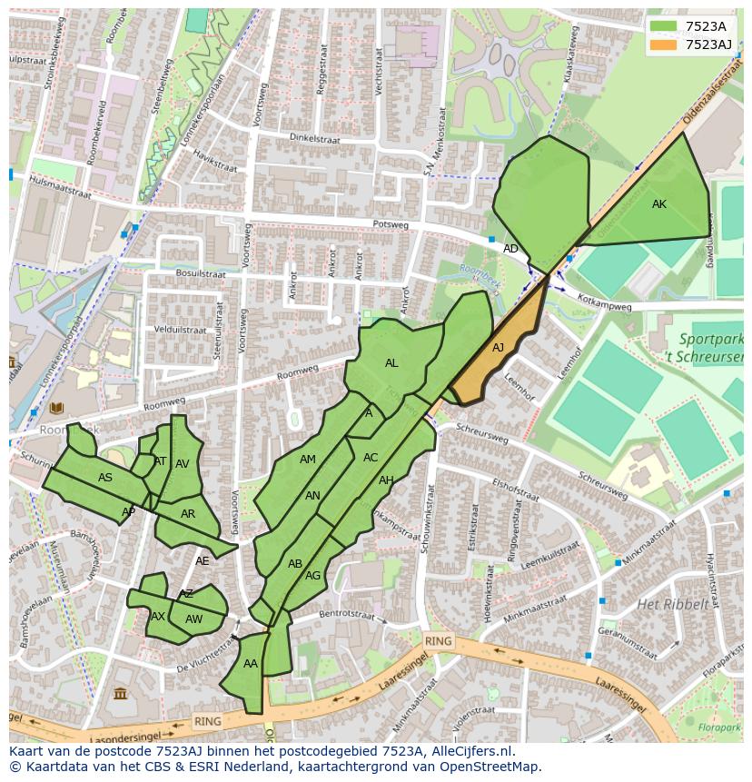Afbeelding van het postcodegebied 7523 AJ op de kaart.