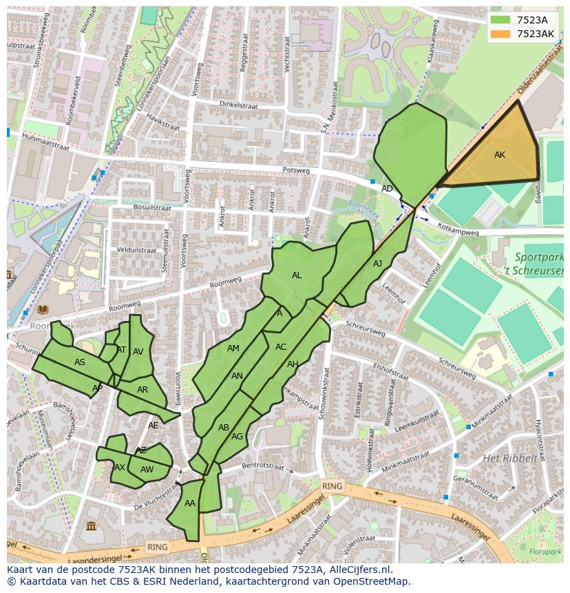 Afbeelding van het postcodegebied 7523 AK op de kaart.