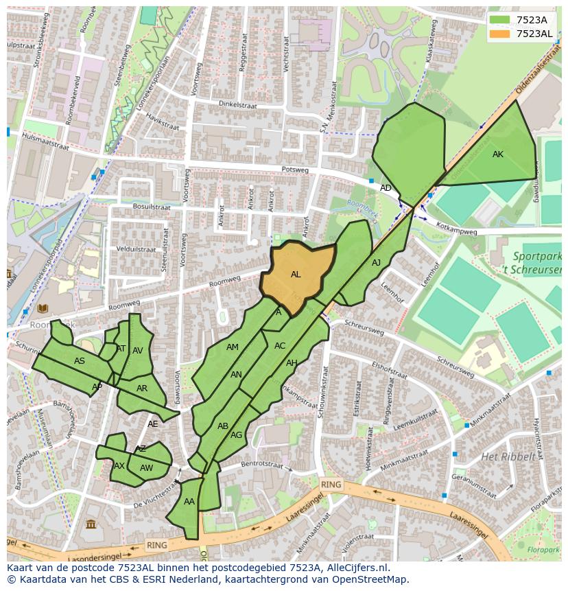 Afbeelding van het postcodegebied 7523 AL op de kaart.