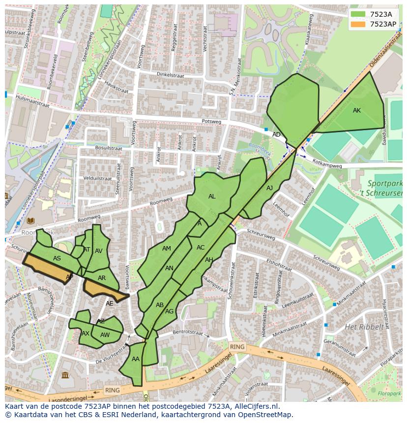 Afbeelding van het postcodegebied 7523 AP op de kaart.