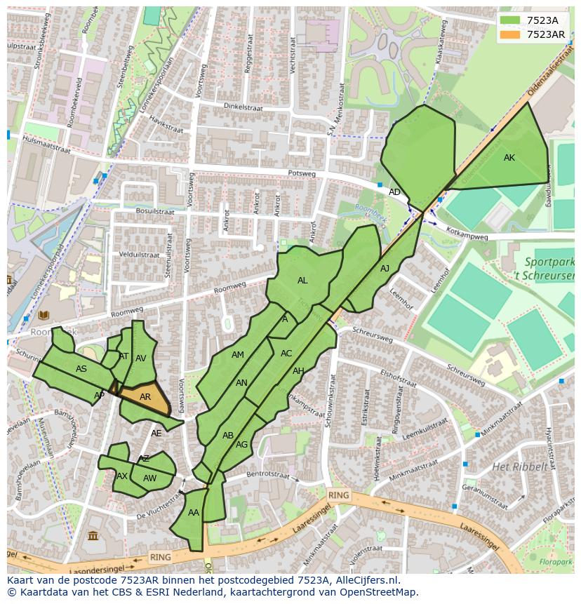 Afbeelding van het postcodegebied 7523 AR op de kaart.