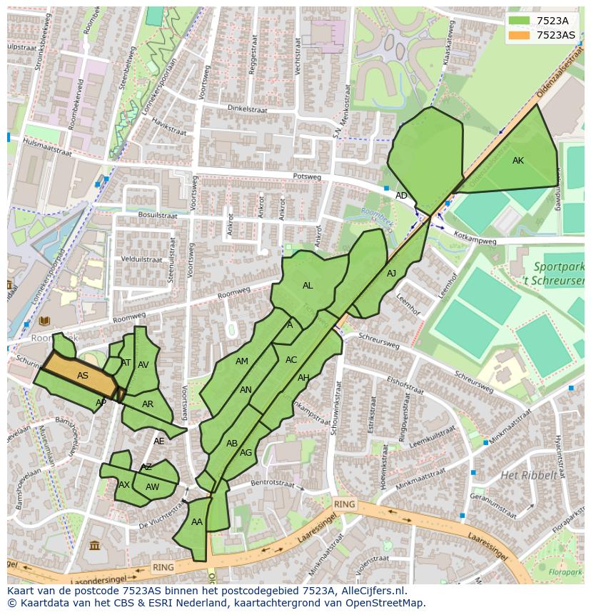 Afbeelding van het postcodegebied 7523 AS op de kaart.