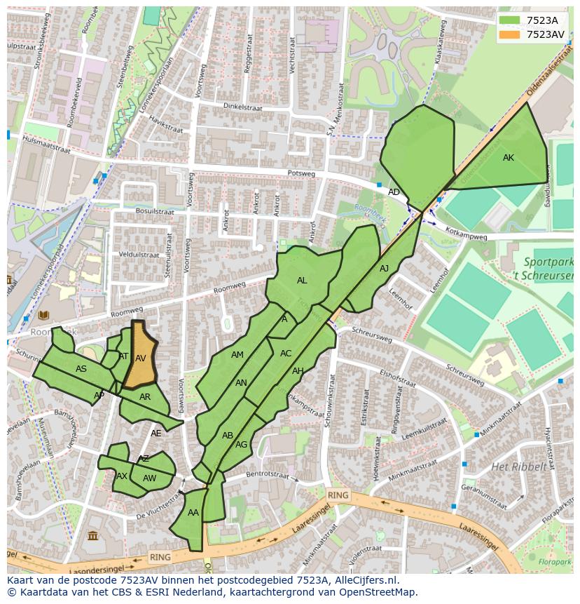 Afbeelding van het postcodegebied 7523 AV op de kaart.