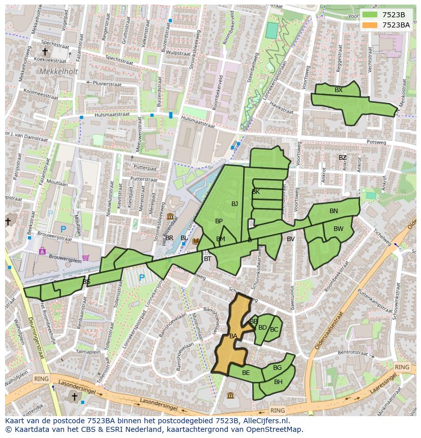 Afbeelding van het postcodegebied 7523 BA op de kaart.