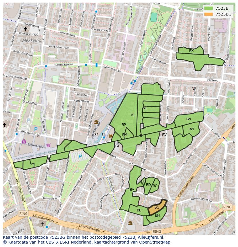 Afbeelding van het postcodegebied 7523 BG op de kaart.