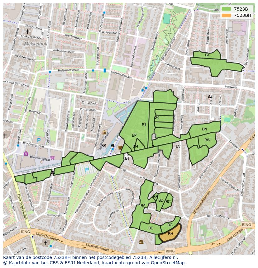Afbeelding van het postcodegebied 7523 BH op de kaart.