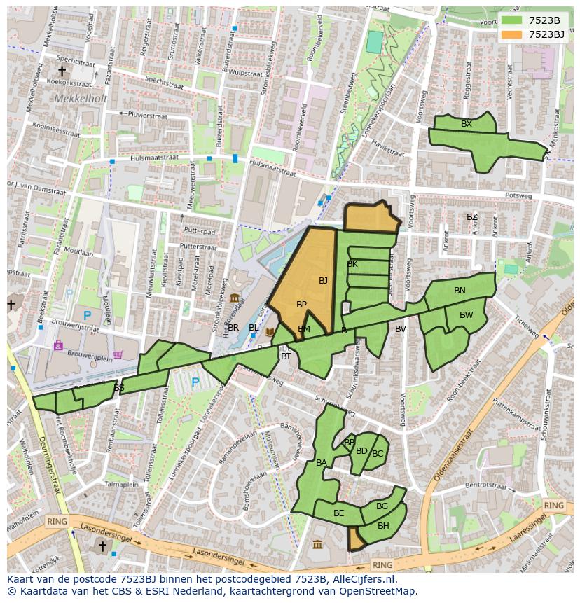 Afbeelding van het postcodegebied 7523 BJ op de kaart.