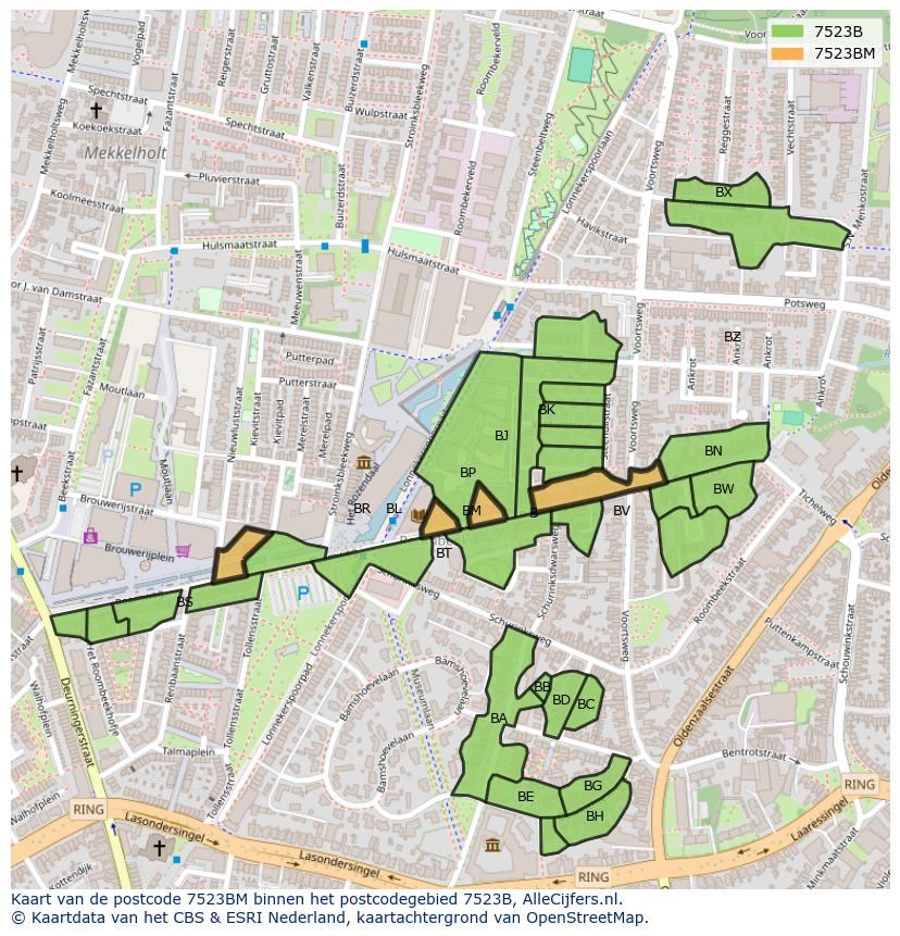 Afbeelding van het postcodegebied 7523 BM op de kaart.