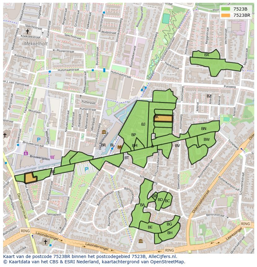 Afbeelding van het postcodegebied 7523 BR op de kaart.