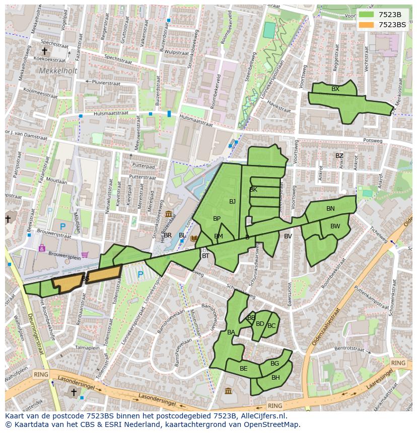Afbeelding van het postcodegebied 7523 BS op de kaart.