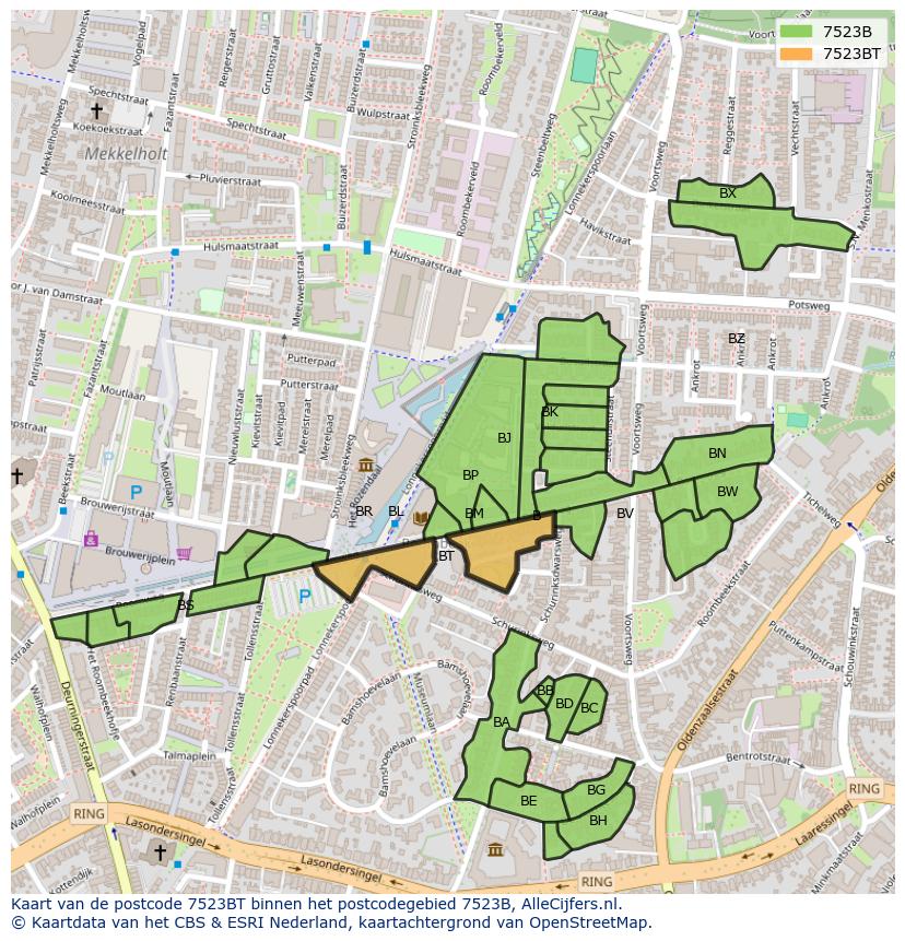 Afbeelding van het postcodegebied 7523 BT op de kaart.