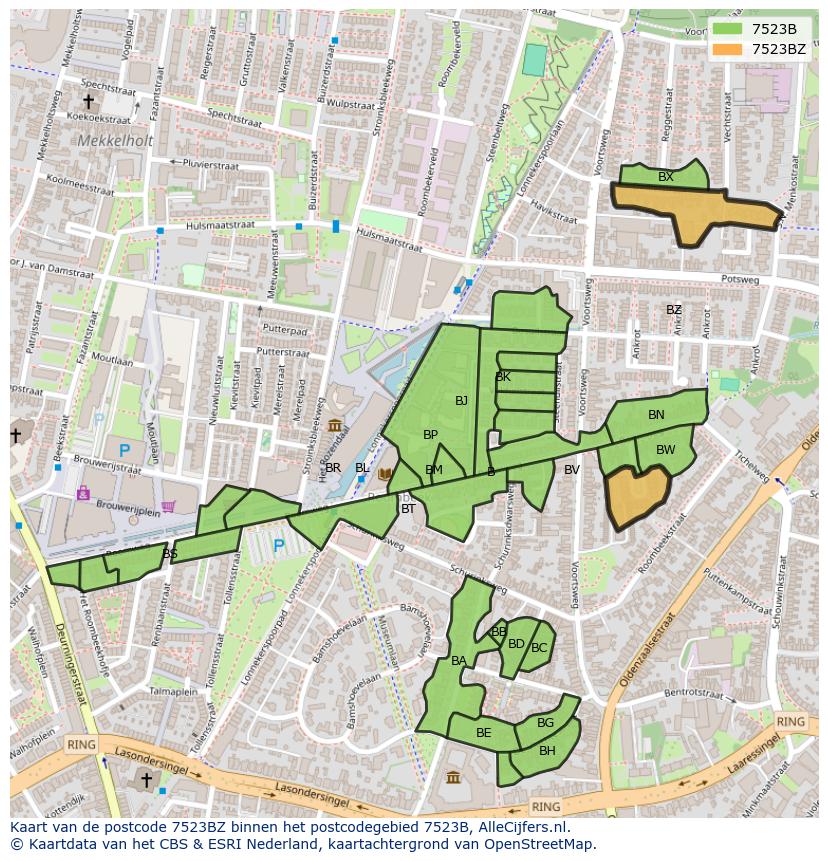 Afbeelding van het postcodegebied 7523 BZ op de kaart.