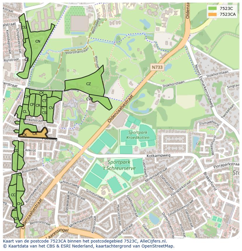 Afbeelding van het postcodegebied 7523 CA op de kaart.