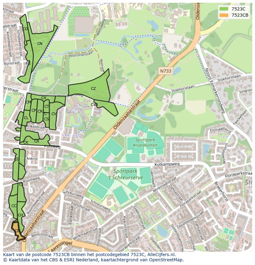 Afbeelding van het postcodegebied 7523 CB op de kaart.