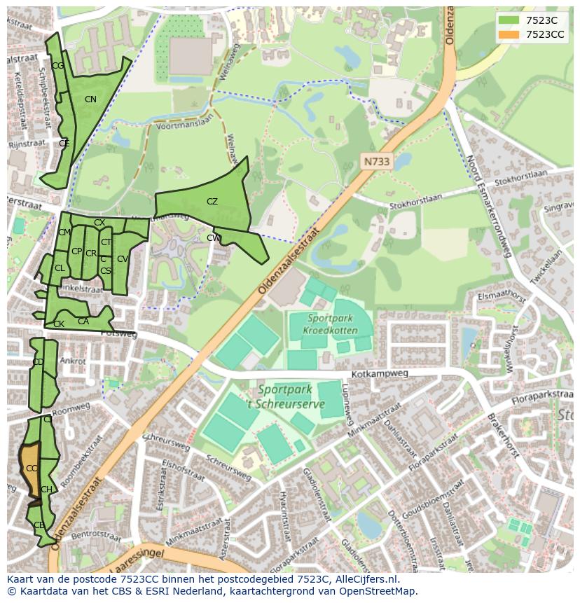 Afbeelding van het postcodegebied 7523 CC op de kaart.