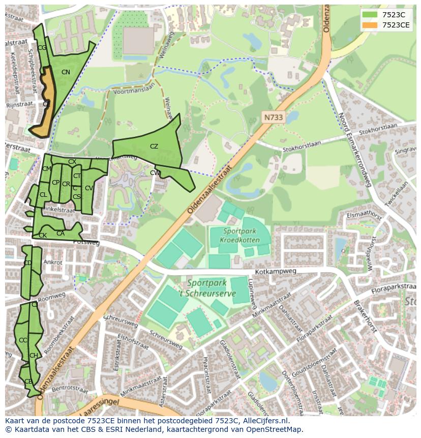 Afbeelding van het postcodegebied 7523 CE op de kaart.