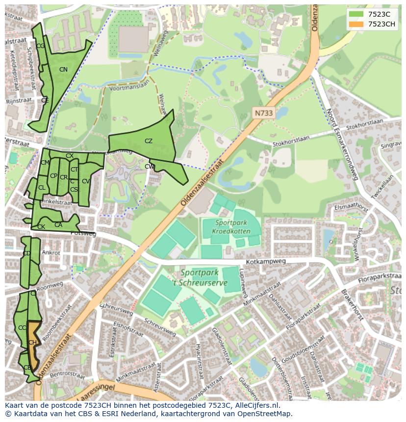Afbeelding van het postcodegebied 7523 CH op de kaart.