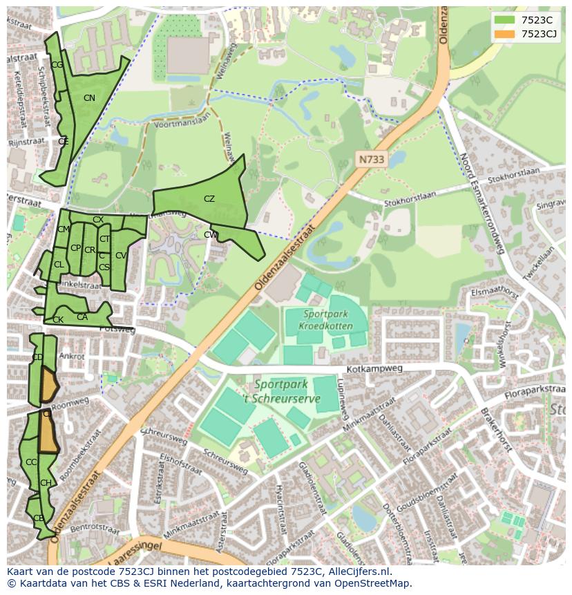 Afbeelding van het postcodegebied 7523 CJ op de kaart.