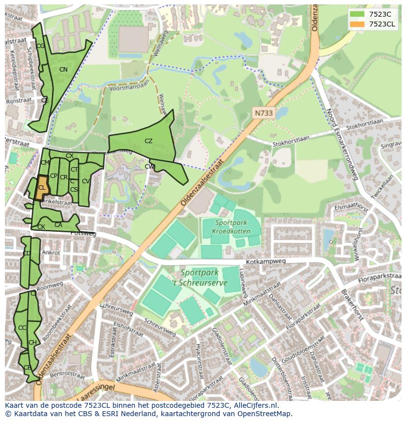 Afbeelding van het postcodegebied 7523 CL op de kaart.