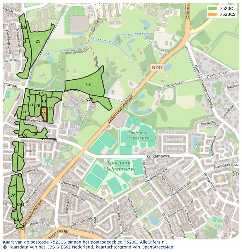 Afbeelding van het postcodegebied 7523 CS op de kaart.