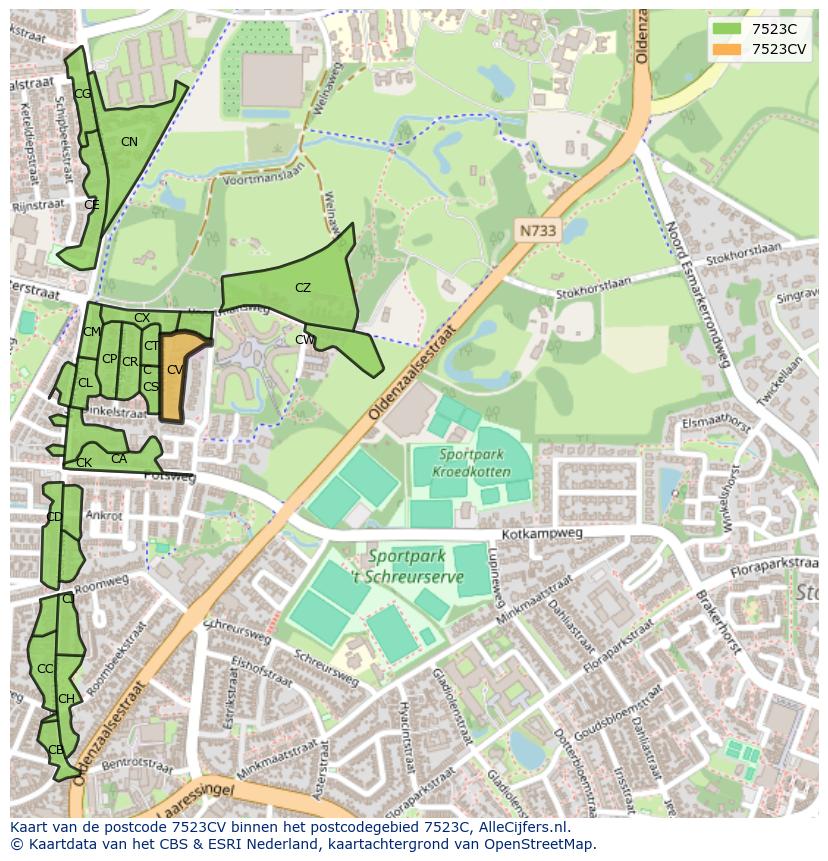Afbeelding van het postcodegebied 7523 CV op de kaart.