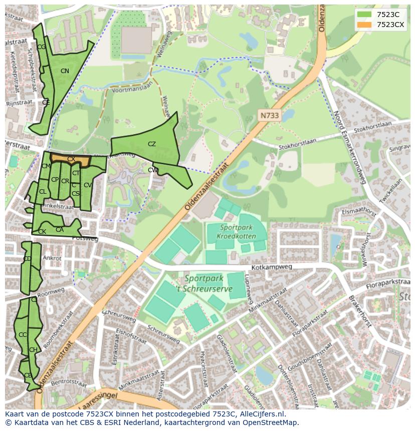 Afbeelding van het postcodegebied 7523 CX op de kaart.