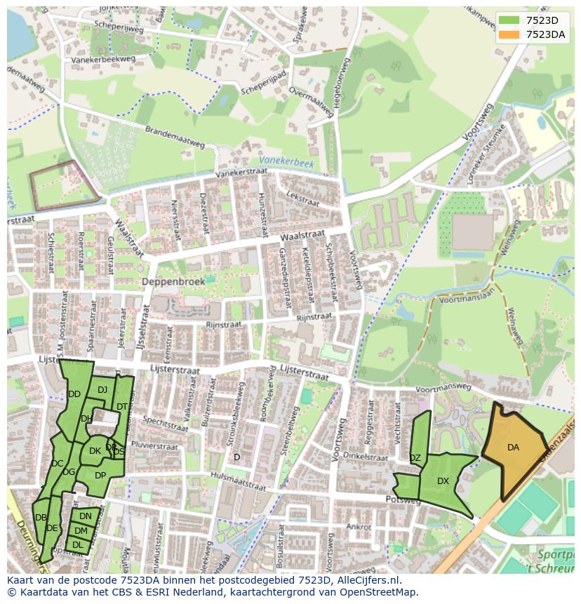Afbeelding van het postcodegebied 7523 DA op de kaart.